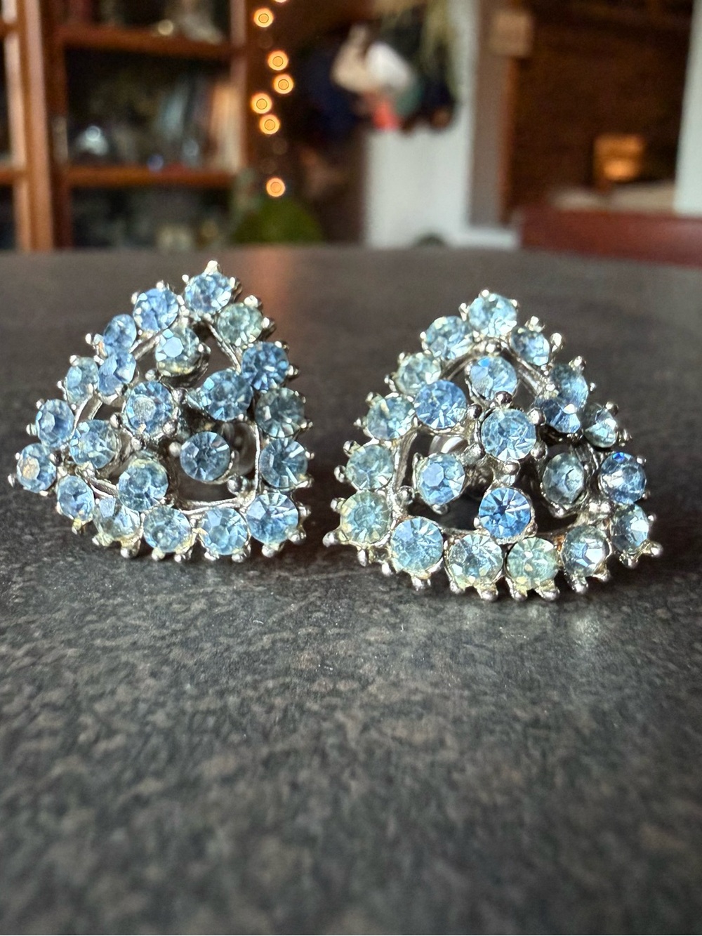 Pale Blue Crystal Rhinestone Triangle Cluster Earrings - Screw Backs